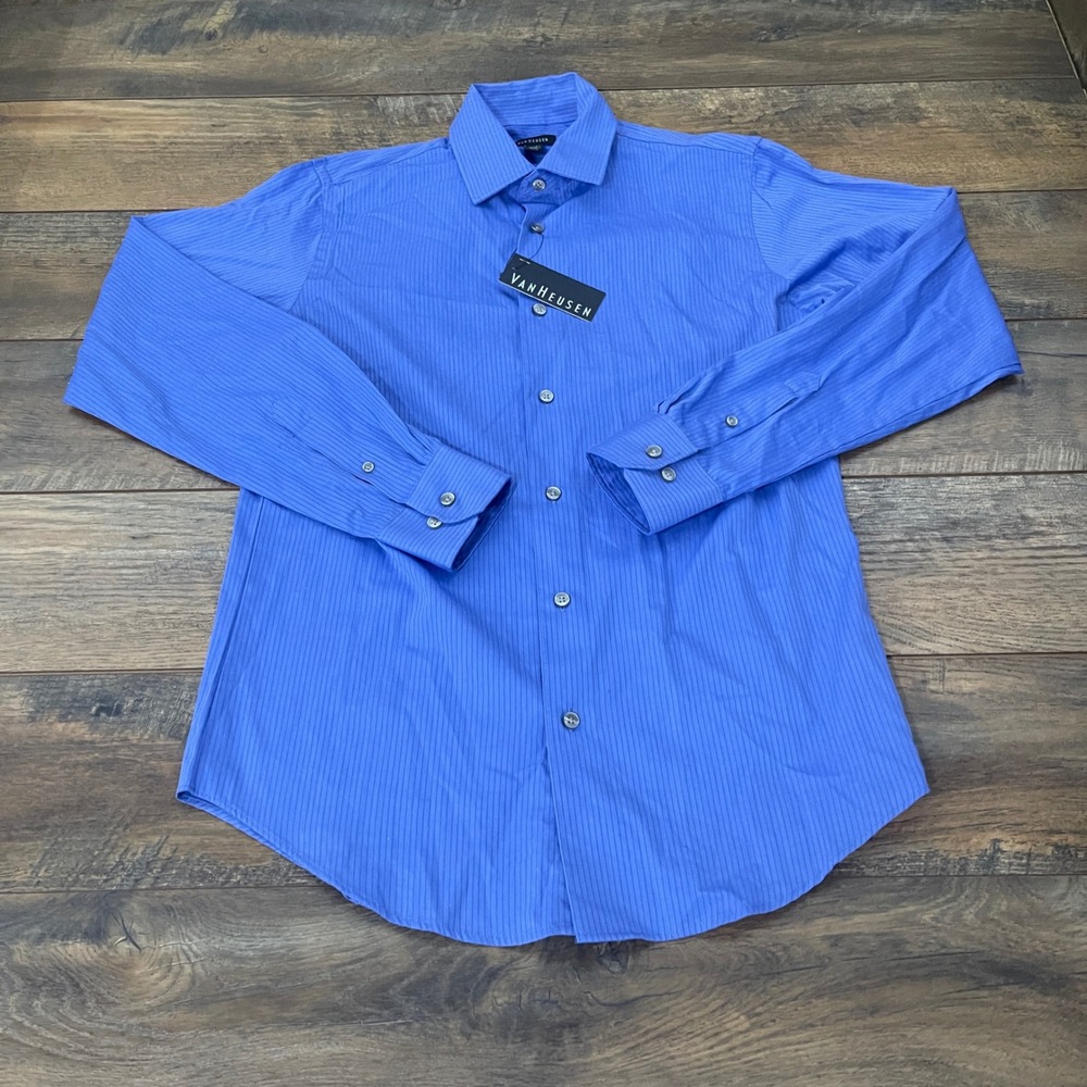 Van Heusen Mens Blue Pinstripe Long Sleeve Button Up Dress Shirt Size S 14-14.5
